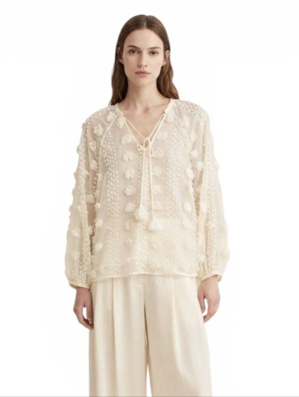 Calypso St Barth Sheer 3D Pom Pom Applique Tassel Romantic Bohemian Blouse Sz.M